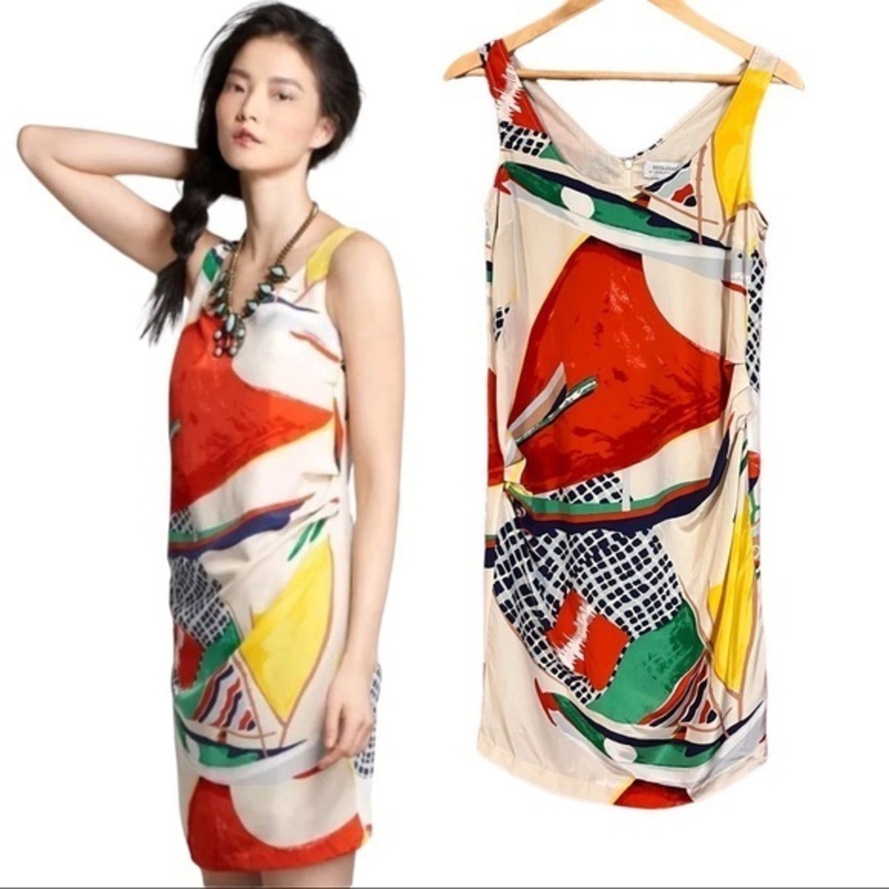 Anthropologie Multicolor Abstract Sleeveless Shift Dress — Red, Yellow, Green
